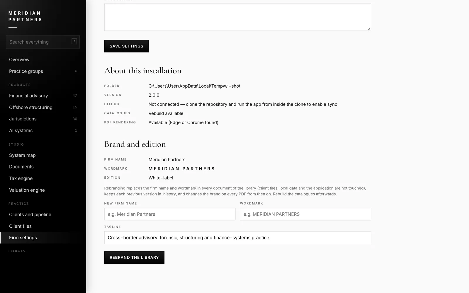 Firm settings, where the firm name, wordmark and tagline are set